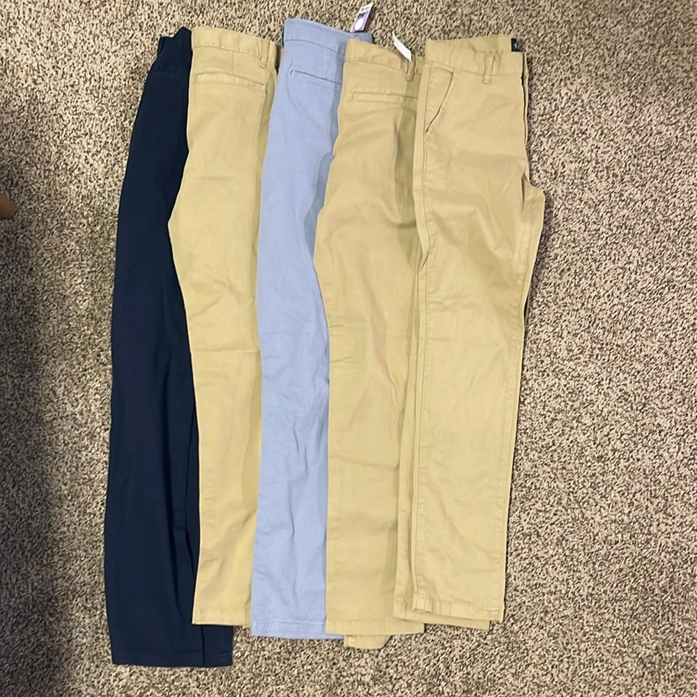 5 pairs of children’s Place boys Khaki, Light Grayish blue, and Navy slacks
